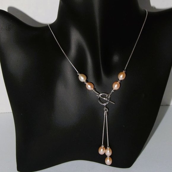 Pearl Jewelry - Genuine Peach Color Fresh-Water Pearl - Toggle and Dangle Necklace 16 Inches